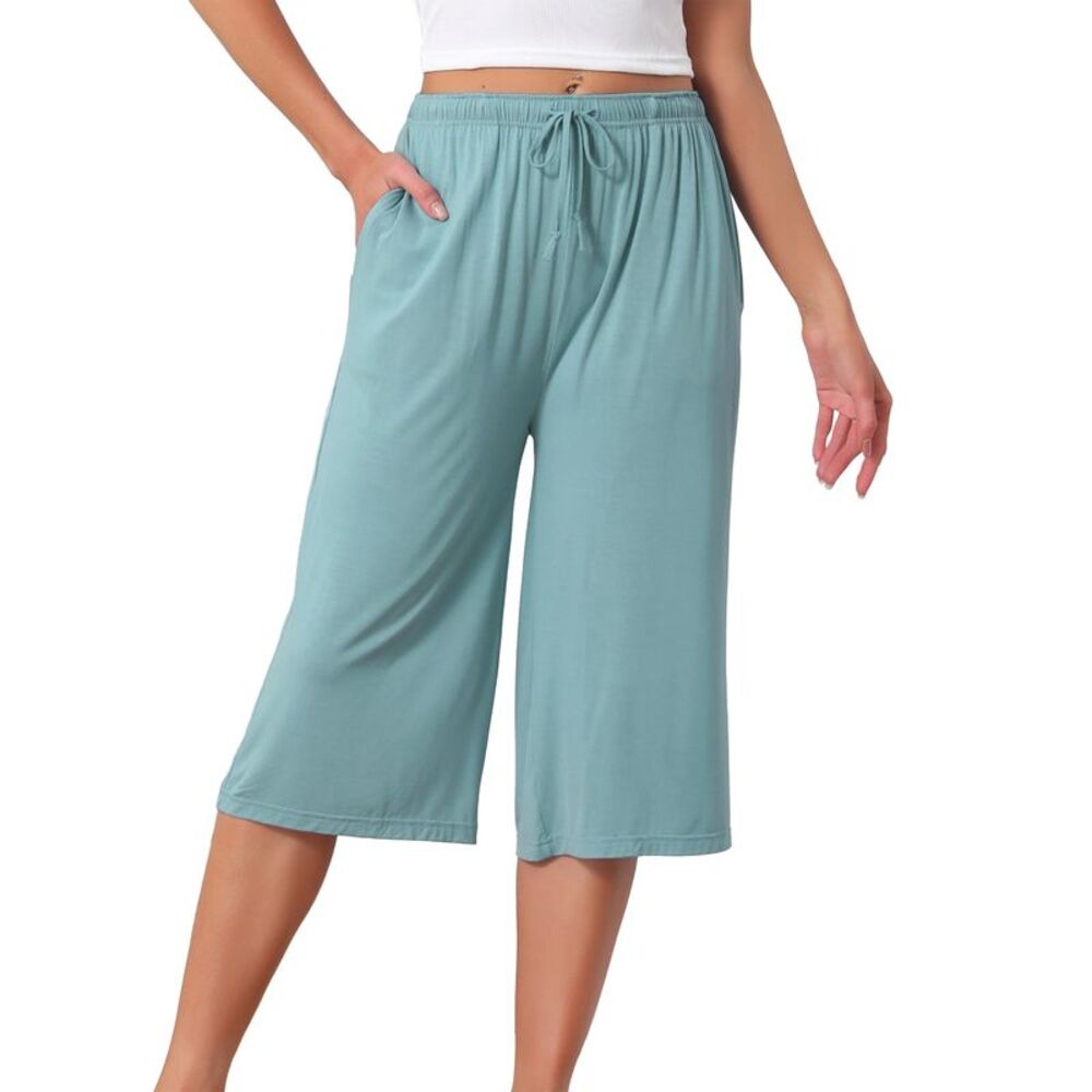 Women Comfy Viscose High Waisted Knee Length Pajama Shorts Light Blue